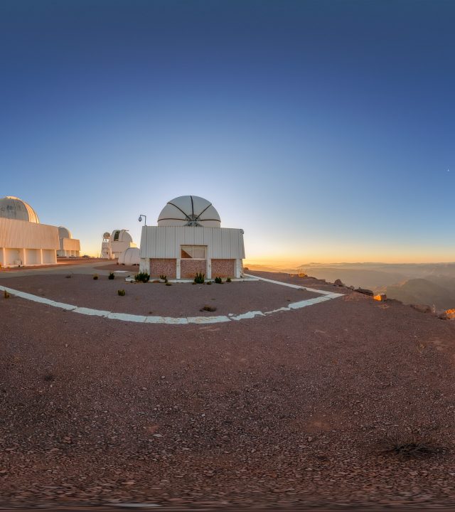 A 360 panorama of the telescopes on Cerro Tololo in Chile during sunset. In the foreground from left to right are: aTmCam, US Naval Observatory Deep South Telescope, and Chilean Automatic Supernova sEarch dome. A fulldome version of this image can be viewed here.
